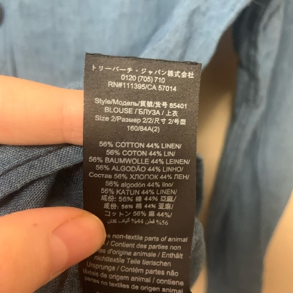 Tory Burch Chambray Ruffle Neck Blouse Size 2 Cotton Linen Blue - Picture 11 of 12